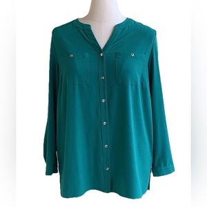 Susan Graver Button Up Tunic Blouse Plus 18W 3/4 Roll Tab Sleeve Top Green Shirt